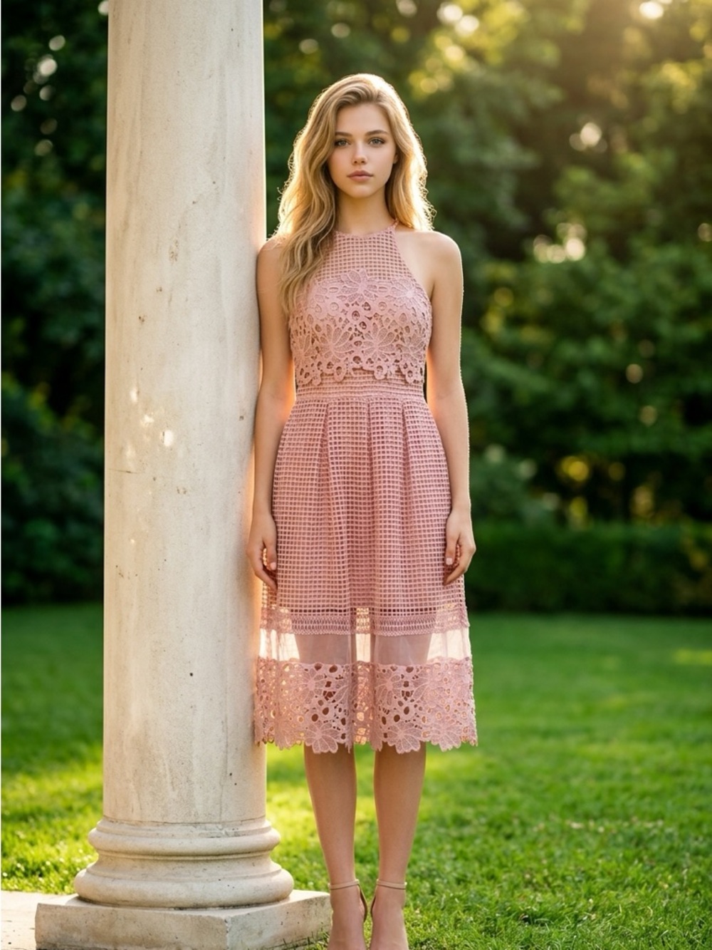 Just Me Women’s Sleeveless Lace Midi Dress in Dusty Rose Sz small